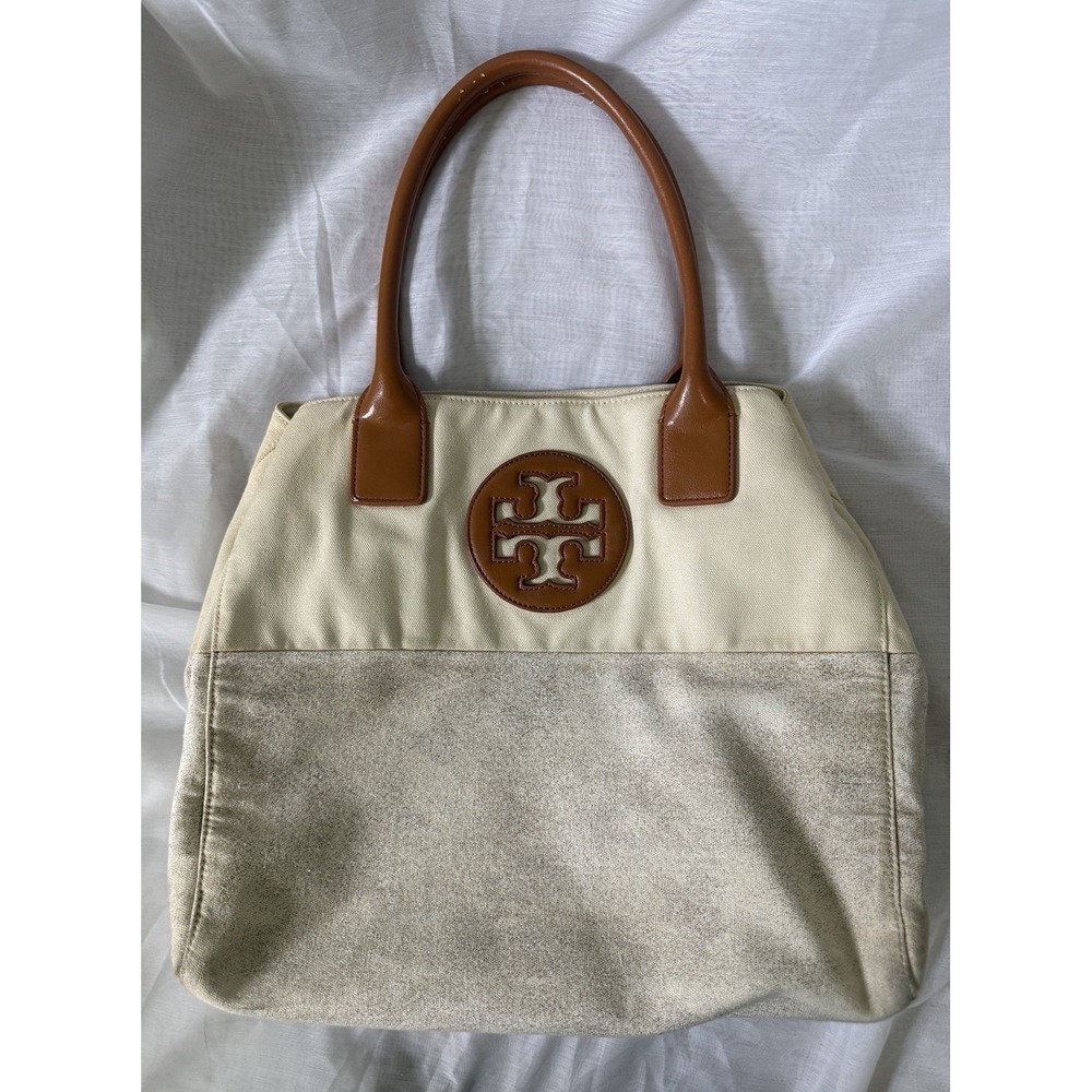 Tory Burch Tan Cream Canvas Large Tote Bag Purse